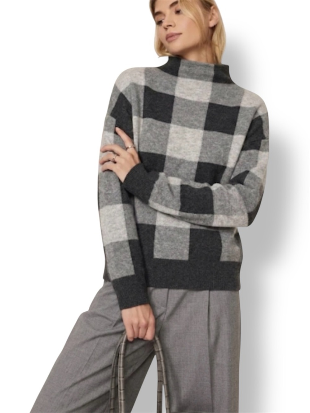 Nicole Miller 100% 2-Ply Cashmere Buffalo Plaid Mock Neck Sweater M Grey